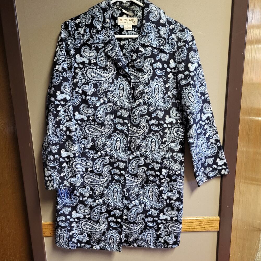 Michael Kors Blue Black White Paisley Trench Coat S